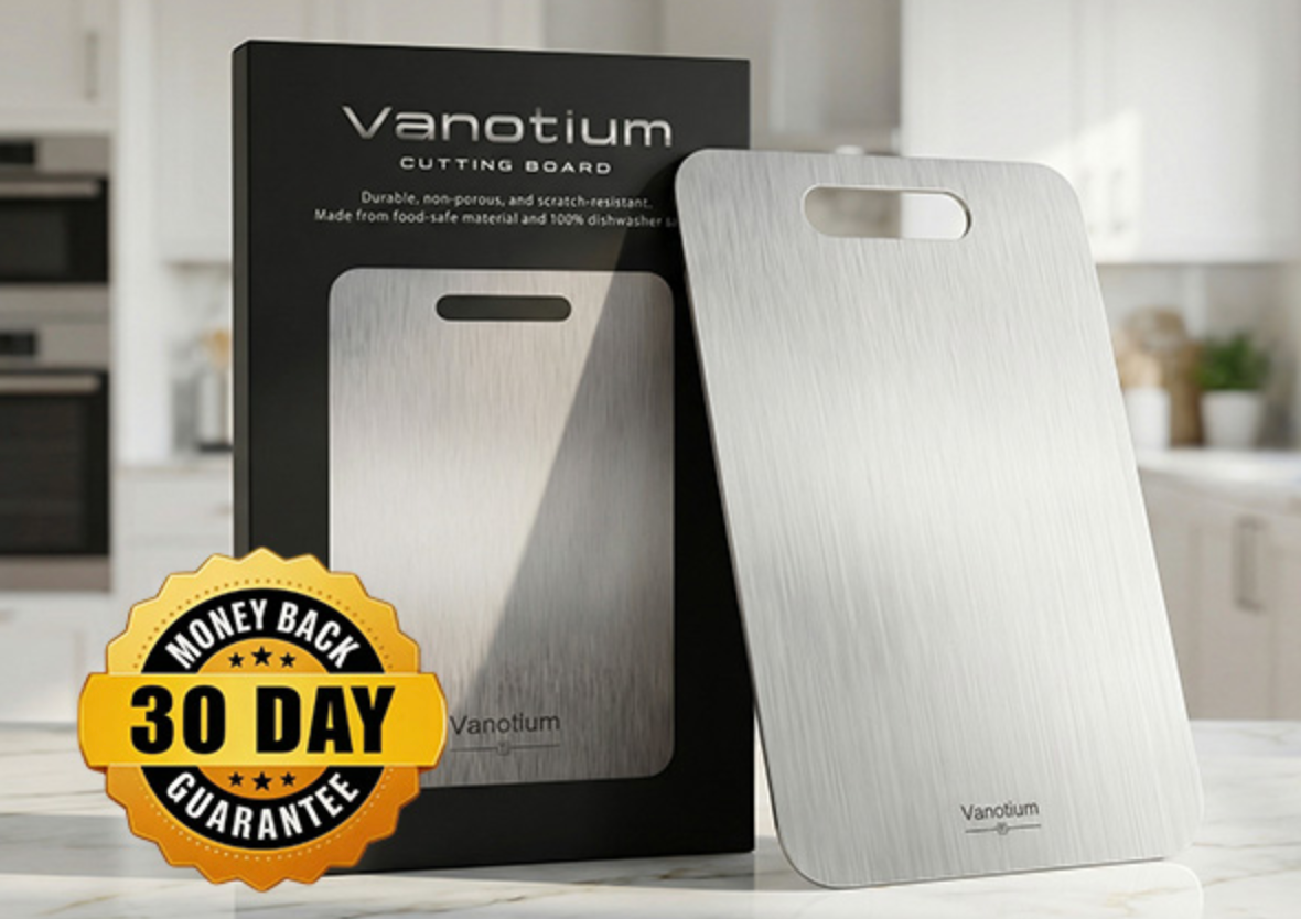 Originales Vanotium Produktfoto mit Schneidebrett, Verpackung und abgebildetem 30-Tage-Garantiehinweis