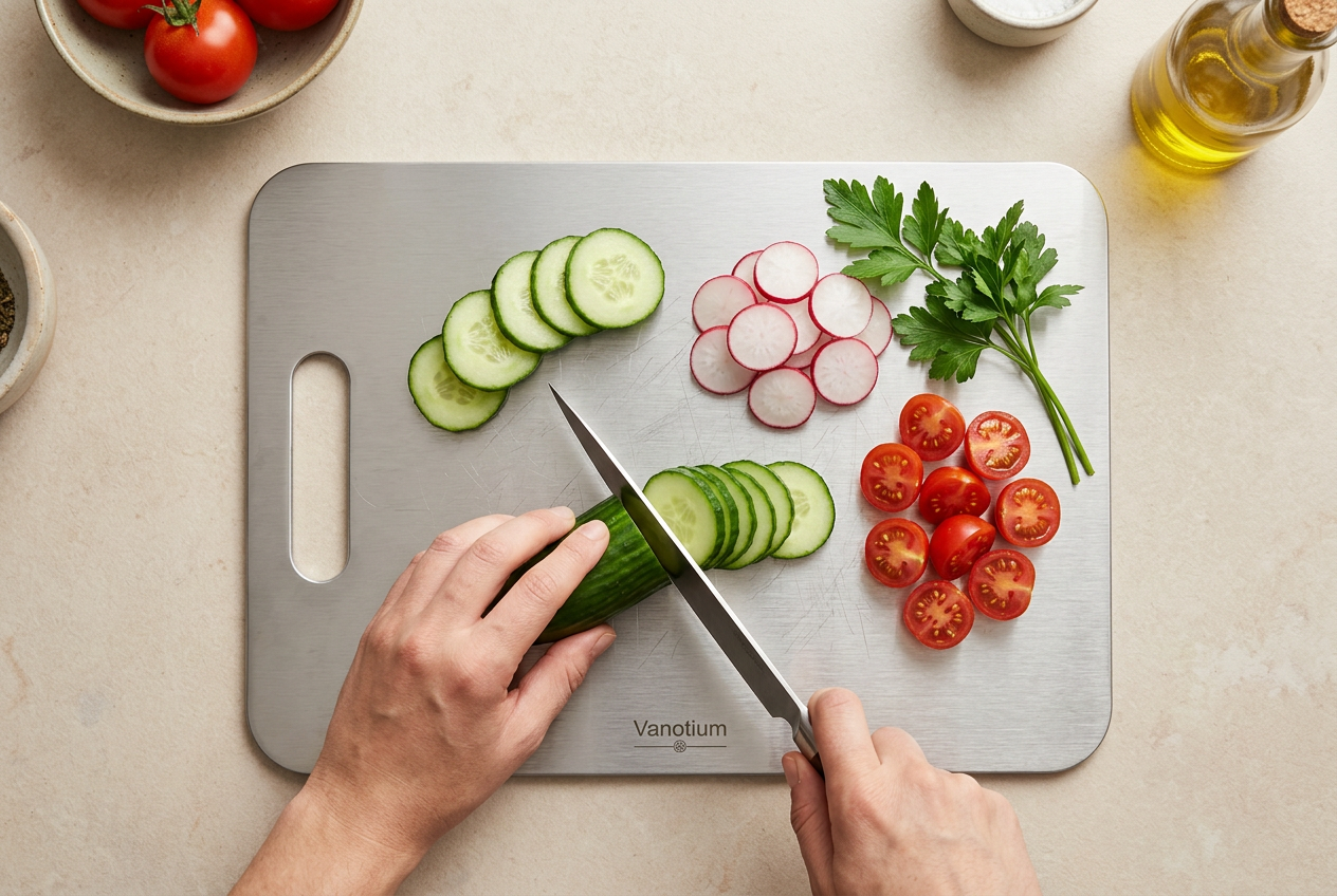 Illustrative Zubereitung von Gurke, Radieschen und Tomaten auf einem silberfarbenen Vanotium Schneidebrett